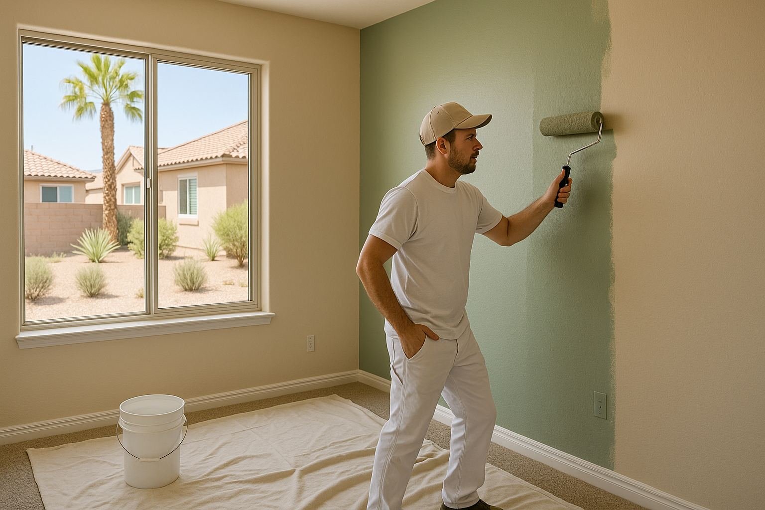 Painter rolling a fresh sage green wall in a Henderson, NV bedroom